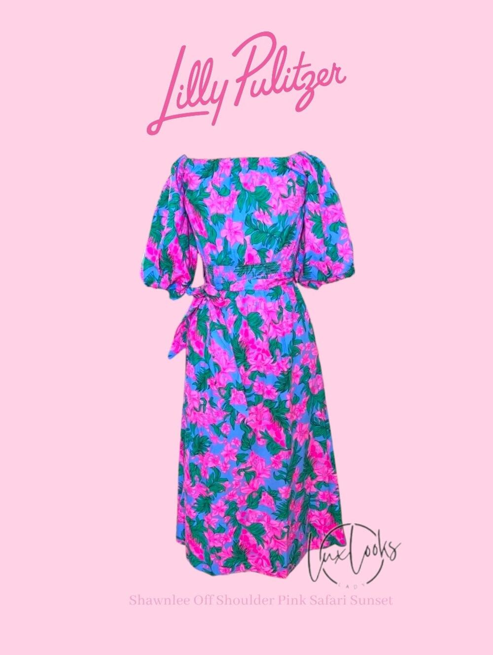 🌊 Lilly Pulitzer Shawnlee Off Shoulder Dress Pink Safari Sunset Tropical XXS 🌊